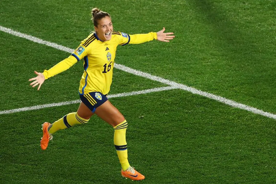 FILE PHOTO: Soccer Football - FIFA Women’s World Cup Australia and New Zealand 2023 - Quarter Final - Japan v Sweden - Eden Park, Auckland, New Zealand - August 11, 2023 Sweden's Filippa Angeldahl celebrates scoring their second goal REUTERS/Hannah Mckay/File Photo