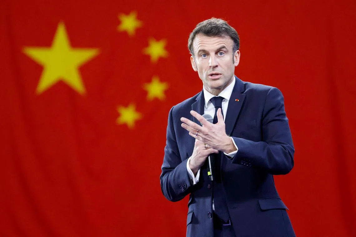 French President Emmanuel Macron as he speaks to students at Sun Yat-sen University in Guangzhou on April 7, 2023.