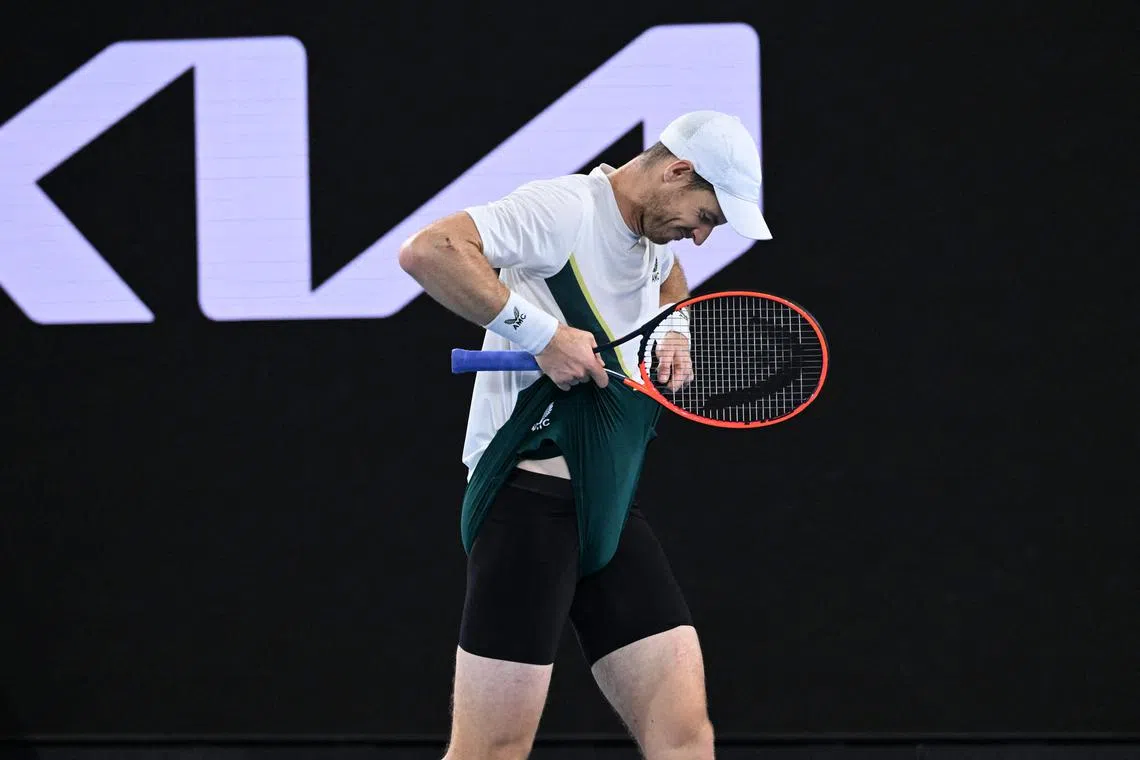 Britain's Andy Murray reacts after a point against Australia's Thanasi Kokkinakis during their men's singles match on day four of the Australian Open tennis tournament in Melbourne on Jan 20, 2023.