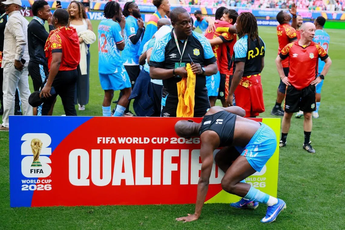 Democratic Republic of Congo’s Yoane Wissa celebrates qualifying for the World Cup after the Inter-Confederation Playoff victory over Jamaica on March 31.