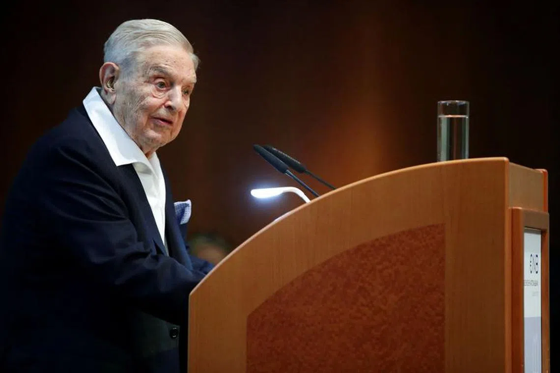 FILE PHOTO: Billionaire investor George Soros speaks to the audience at the Schumpeter Award in Vienna, Austria June 21, 2019. REUTERS/Lisi Niesner/File Photo