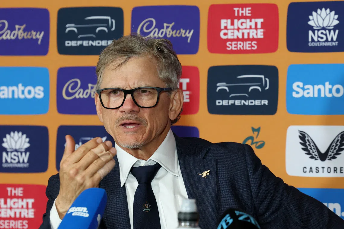 Australia coach Les Kiss during the press conference after the Australia v New Zealand Bledisloe Cup match at Accor Stadium, Sydney, Australia, October 17, 2026. REUTERS/Hollie Adams