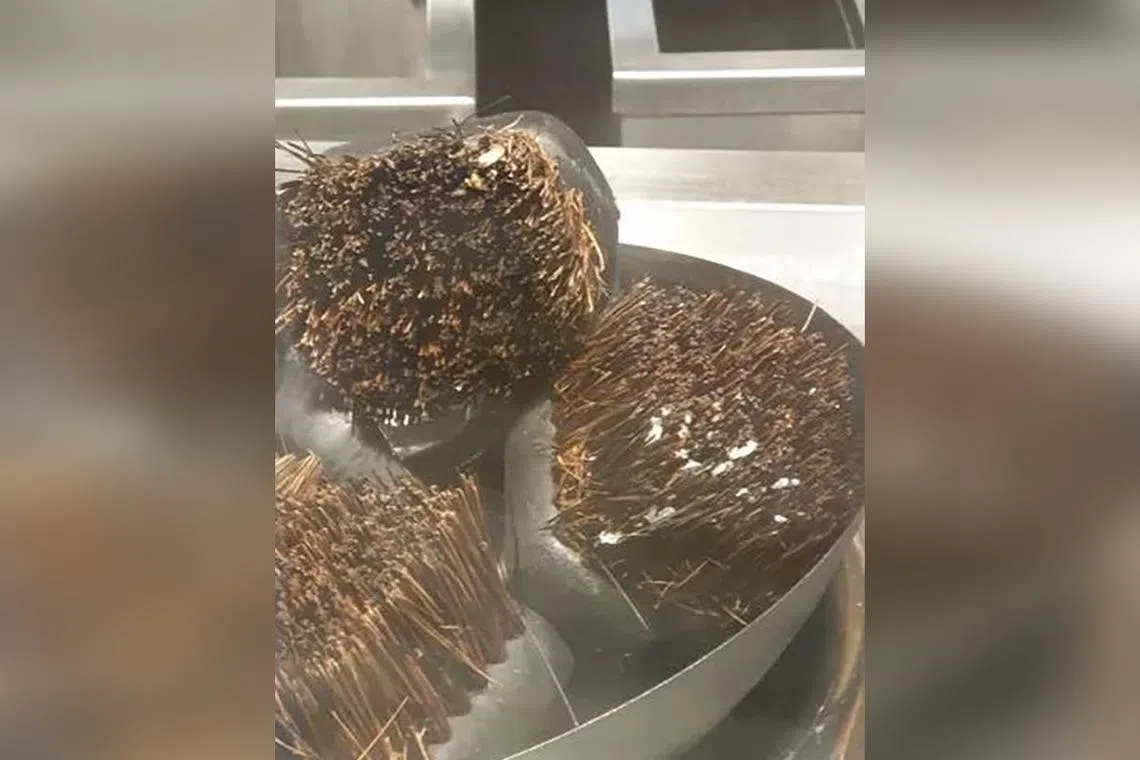 Dirty brushes belonging to take-out food kiosk Wok Hey were spotted by a woman as she walked past the outlet in Compass One on April 17.