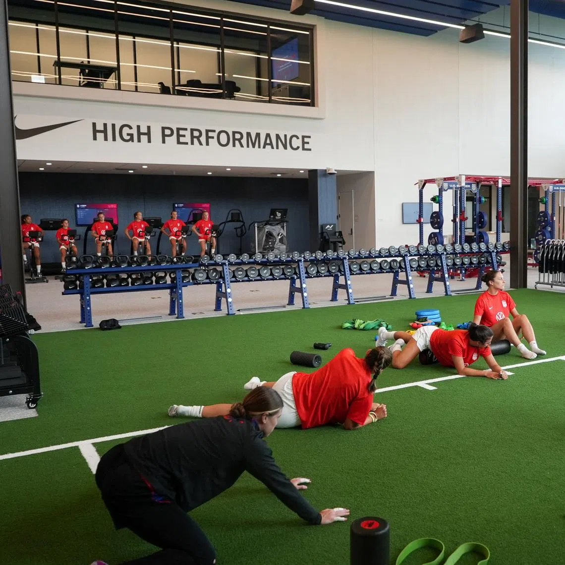 U.S. women's Under 20 team exercises inside the indoor gym at the Arthur M. Blank National Training facility in Fayetteville, Georgia, U.S., July 9, 2026. REUTERS/Jayla Whitfield-Anderson