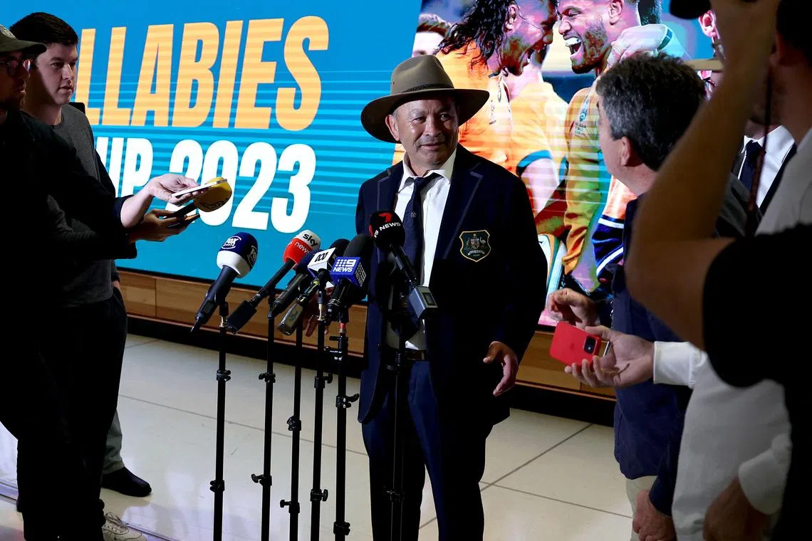 Australia head coach Eddie Jones facing the media at Sydney International Airport on Aug 17, 2023, before the team departed for the Rugby World Cup in France.