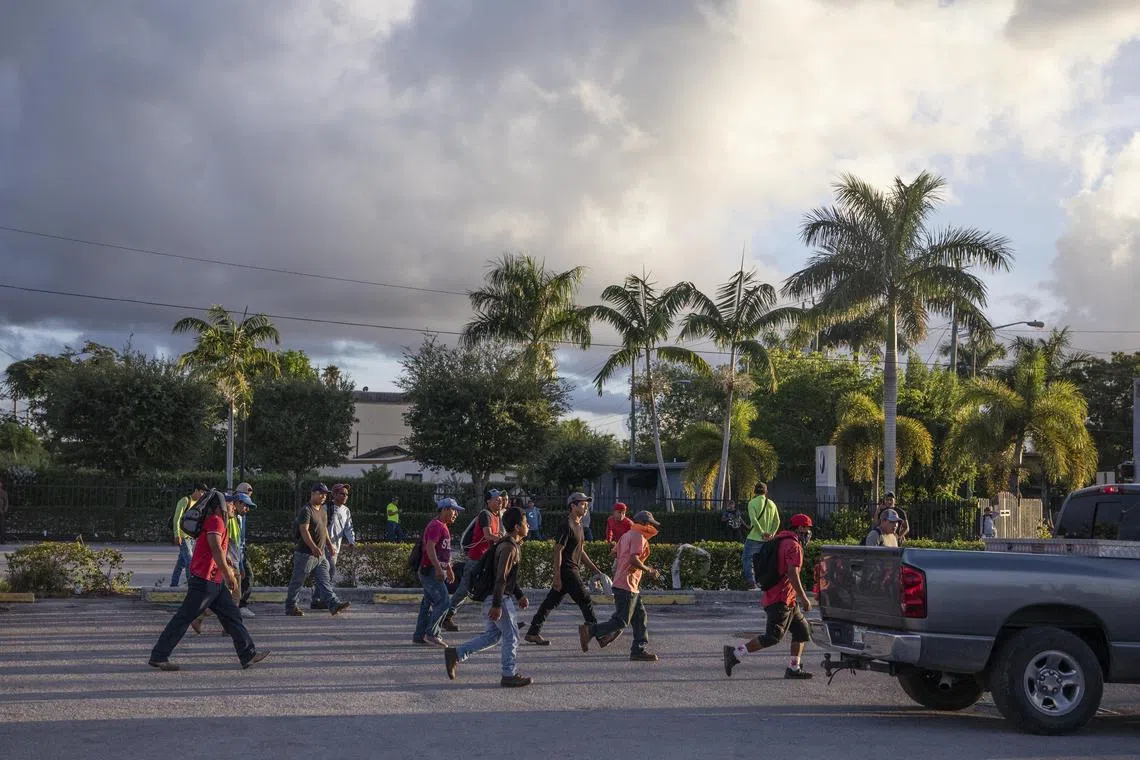Day laborers, including some migrant children, gather on a school day to find roofing, landscaping or other work, in Florida. 
