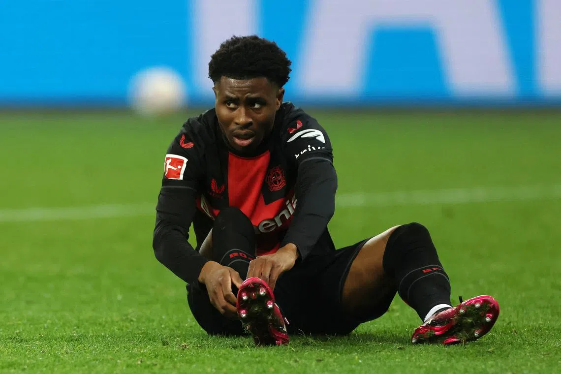FILE PHOTO: Soccer Football - Bundesliga - Bayer Leverkusen v Borussia Moenchengladbach - BayArena, Leverkusen, Germany - January 27, 2024 Bayer Leverkusen's Nathan Tella looks dejected after the match REUTERS/Thilo Schmuelgen/File Photo
