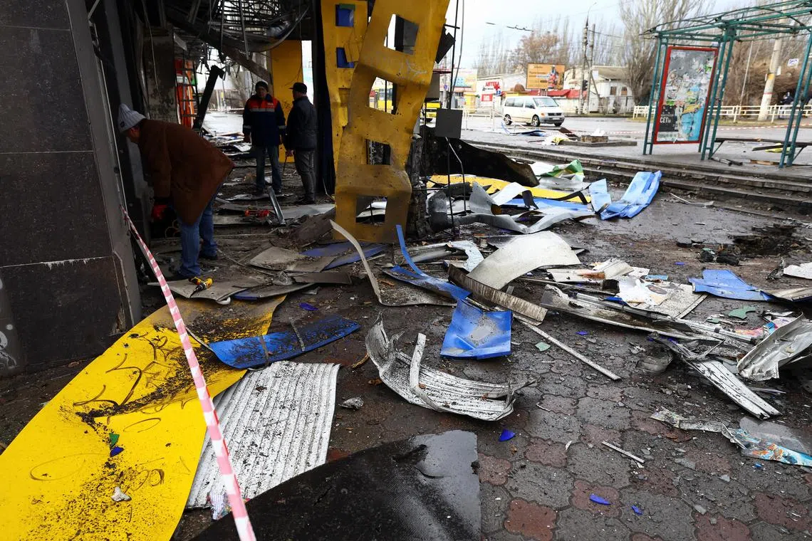General view of a bus station damaged after a shelling, amid Russia's attack on Ukraine, in Kherson, Ukraine February 21, 2023. REUTERS/Lisi Niesner