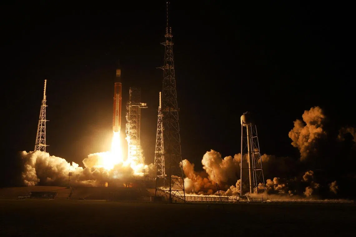 NASA's Artemis 1 SLS rocket, with the Orion capsule attached, launches at NASA's Kennedy Space Center, on Nov 16, 2022. 