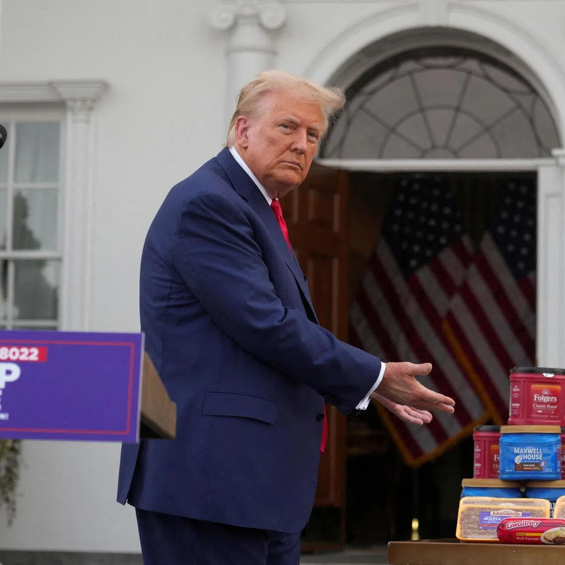 Donald Trump displayed grocery staples to spotlight inflation under Democrats at his golf club in Bedminster, New Jersey, on Aug 15, 2024.