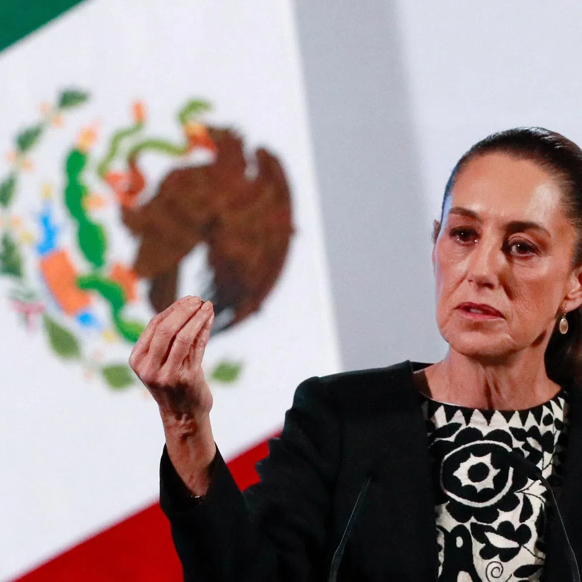 Mexico's President Claudia Sheinbaum gestures as she speaks about U.S. President Donald Trump's policies during a press conference at the National Palace, in Mexico City, Mexico January 21, 2025. REUTERS/Henry Romero