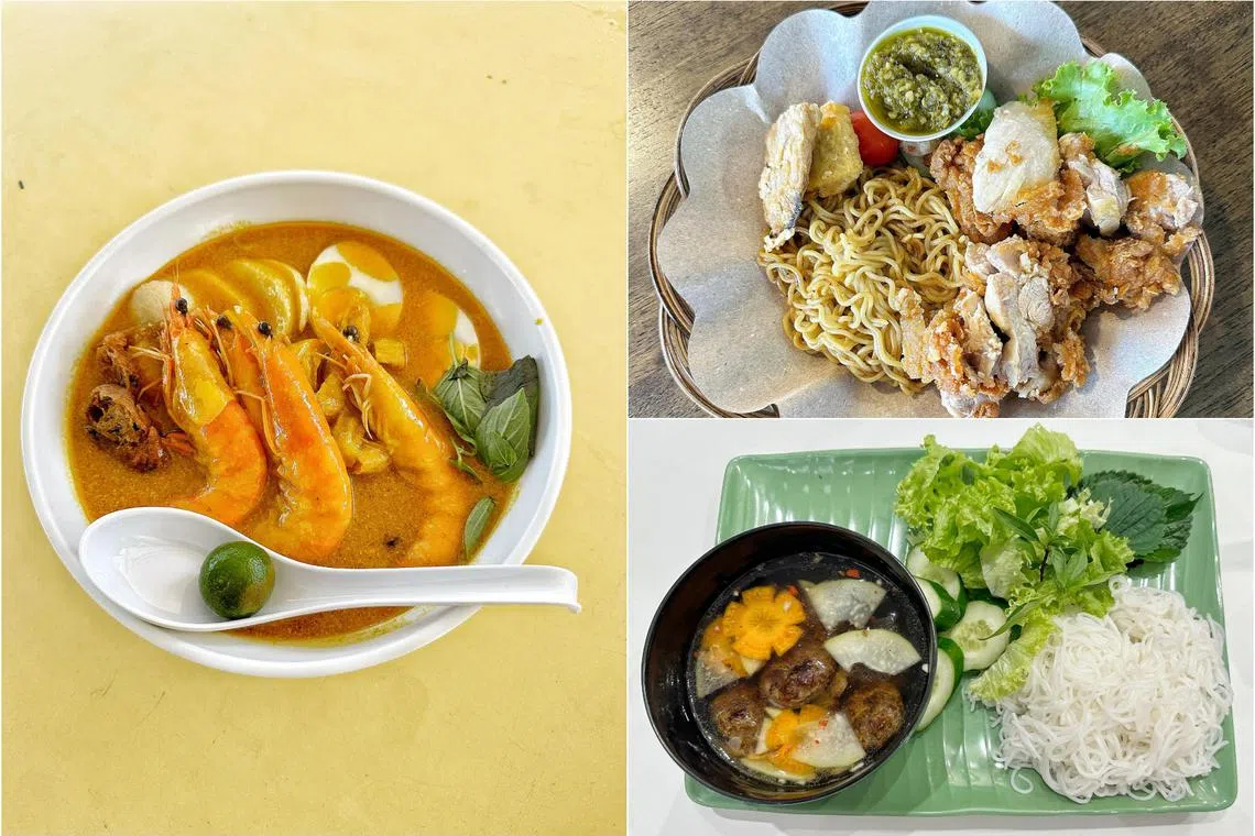 (Clockwise from left) Curry noodles from Masala Curry Mee, Indomie Ayam Geprek from Terang Bulan and Bun Cha from Vietnam Kitchen.