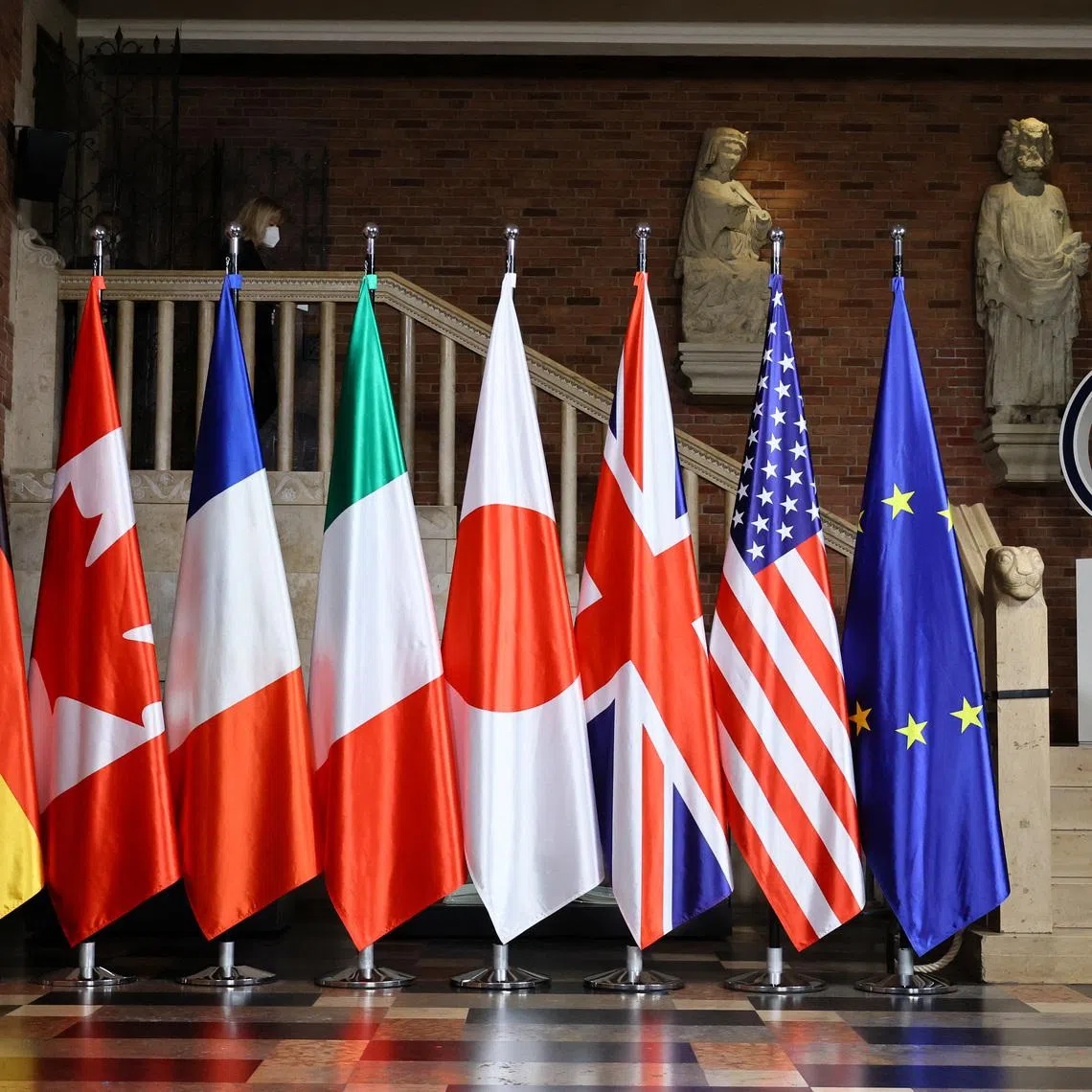 Flags are pictured during the first working session of G-7 foreign ministers in Muenster, Germany, November 3, 2022.  REUTERS/Wolfgang Rattay/Pool