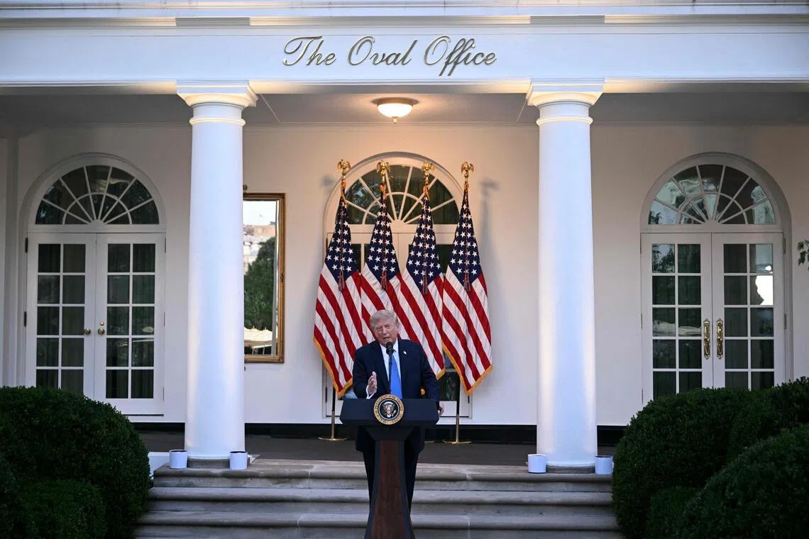 US President Donald Trump speaks while hosting a Rose Garden dinner at the White House in Washington, DC, on September 2, 2026. (Photo by Brendan SMIALOWSKI / AFP)
