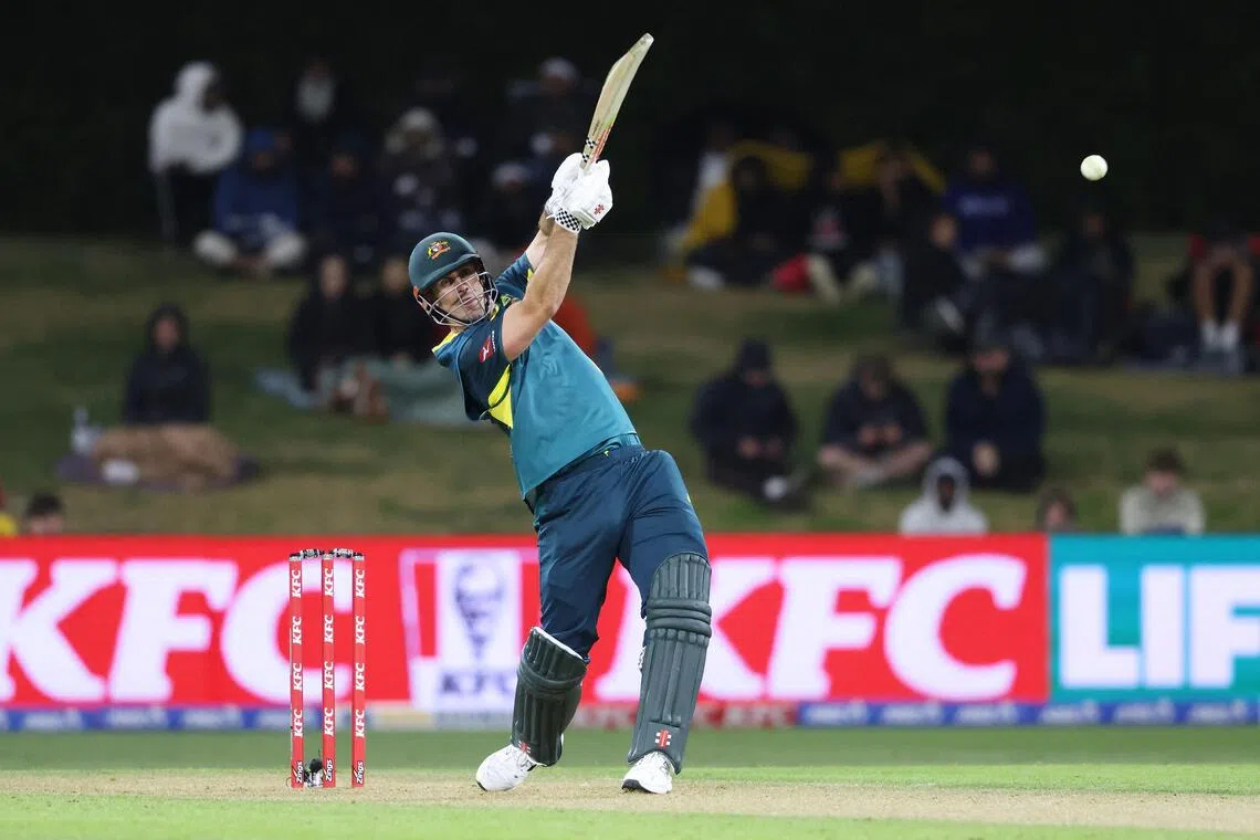 Australia’s Mitchell Marsh plays a shot in the first Twenty20 cricket match against New Zealand at Bay Oval in Mount Maunganui on Oct 1, 2025.