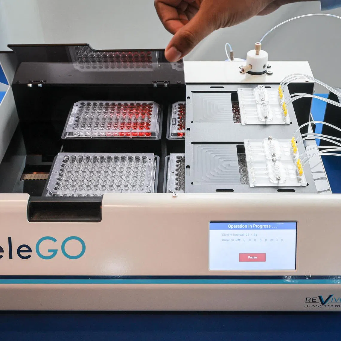 REVIVO BioSystems’ ReleGO, a 4D skin-testing platform, at a showcase event held at Star Vista, March 2, 2023.