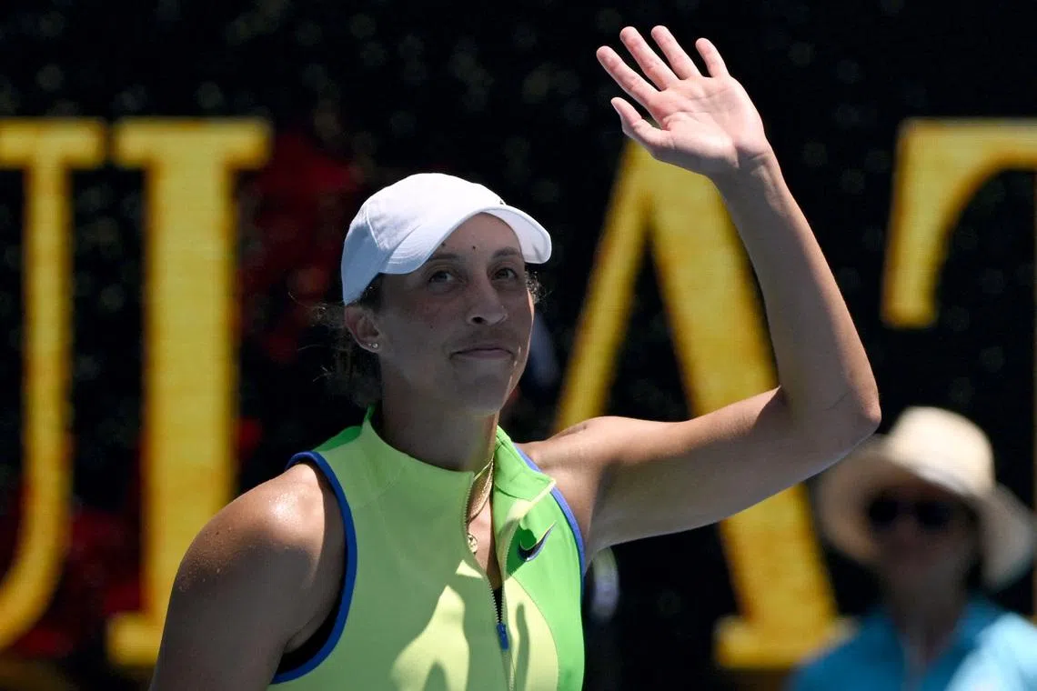 Tennis - Australian Open - Melbourne Park, Melbourne, Australia - January 20, 2026 Madison Keys of the U.S. celebrates after winning her first round match against Ukraine's Oleksandra Oliynykova REUTERS/Jaimi Joy
