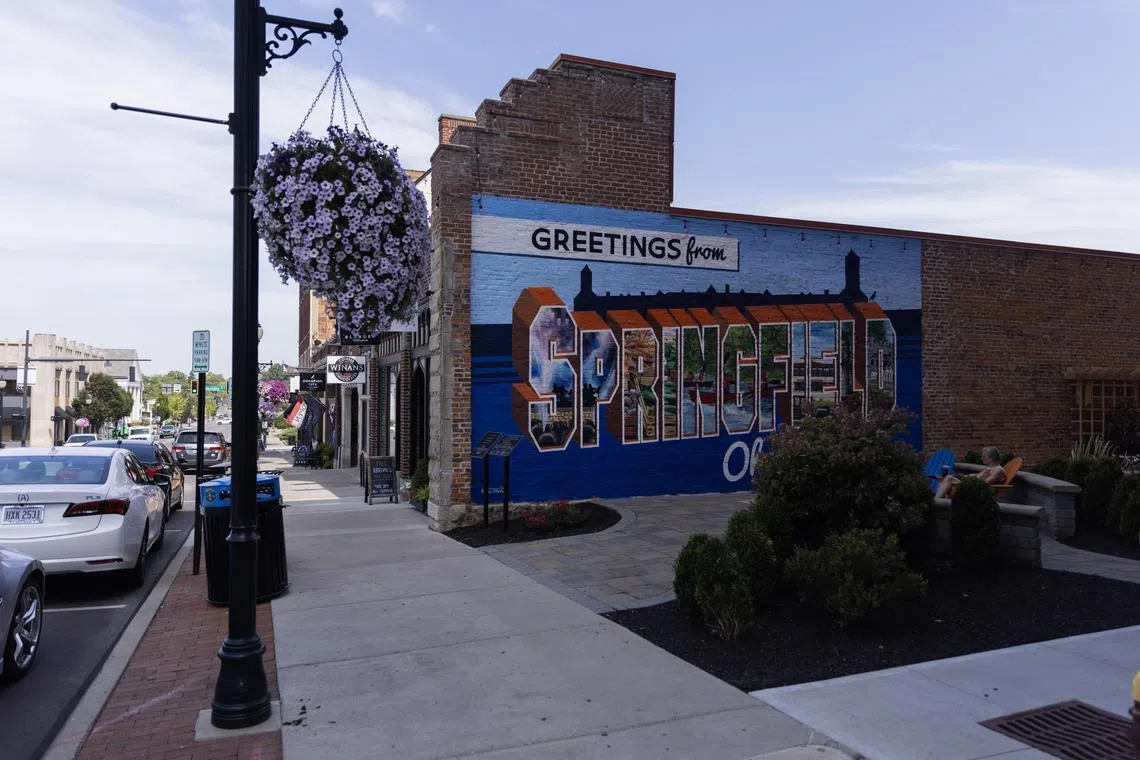 A mural in downtown Springfield, Ohio, Aug. 27, 2024. Though rumors of immigrants Òeating petsÓ have been debunked, they are meme-able Ñ and that has given it a life far beyond the right-wing internet. (Maddie McGarvey/The New York Times)