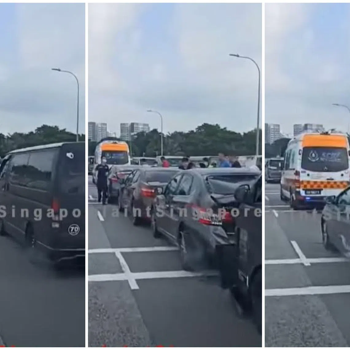 The Singapore Civil Defence Force said three people were taken to the Khoo Teck Puat Hospital. They were car passengers.