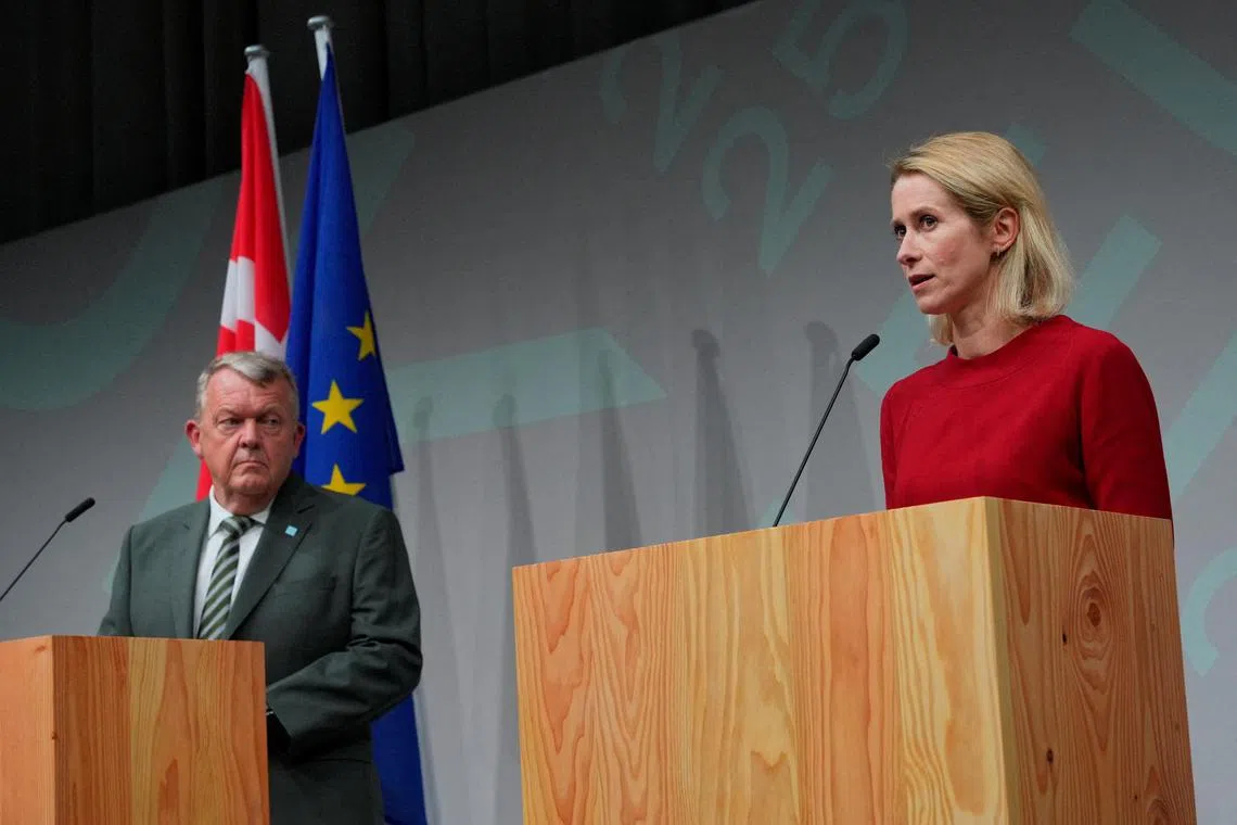 Danish Foreign Minister Lars Loekke Rasmussen (left) and EU foreign policy chief Kaja Kallas during a press briefing on Aug 30.