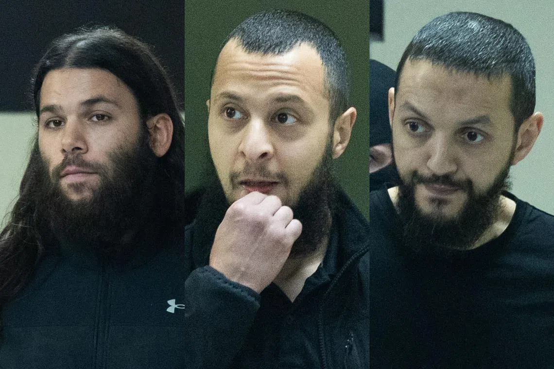 Defendants (from left) Osama Krayem, Salah Abdeslam and Mohamed Abrini arrive in court for the verdict.