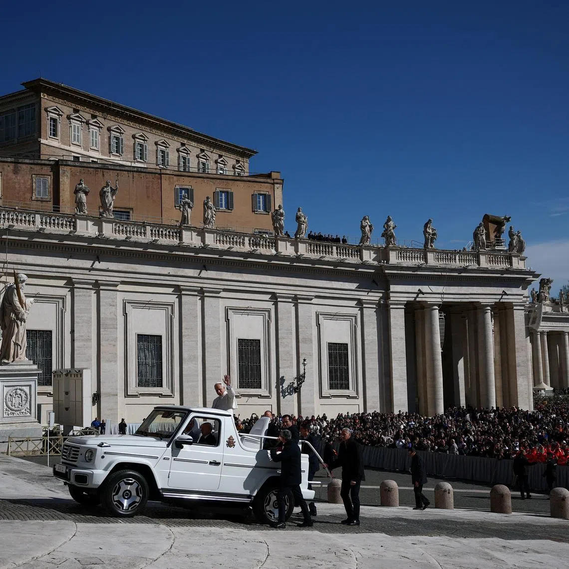 Pope Leo XIV arrives to hold the weekly general audience in Saint Peter's Square at the Vatican, March 18, 2026. REUTERS/Guglielmo Mangiapane