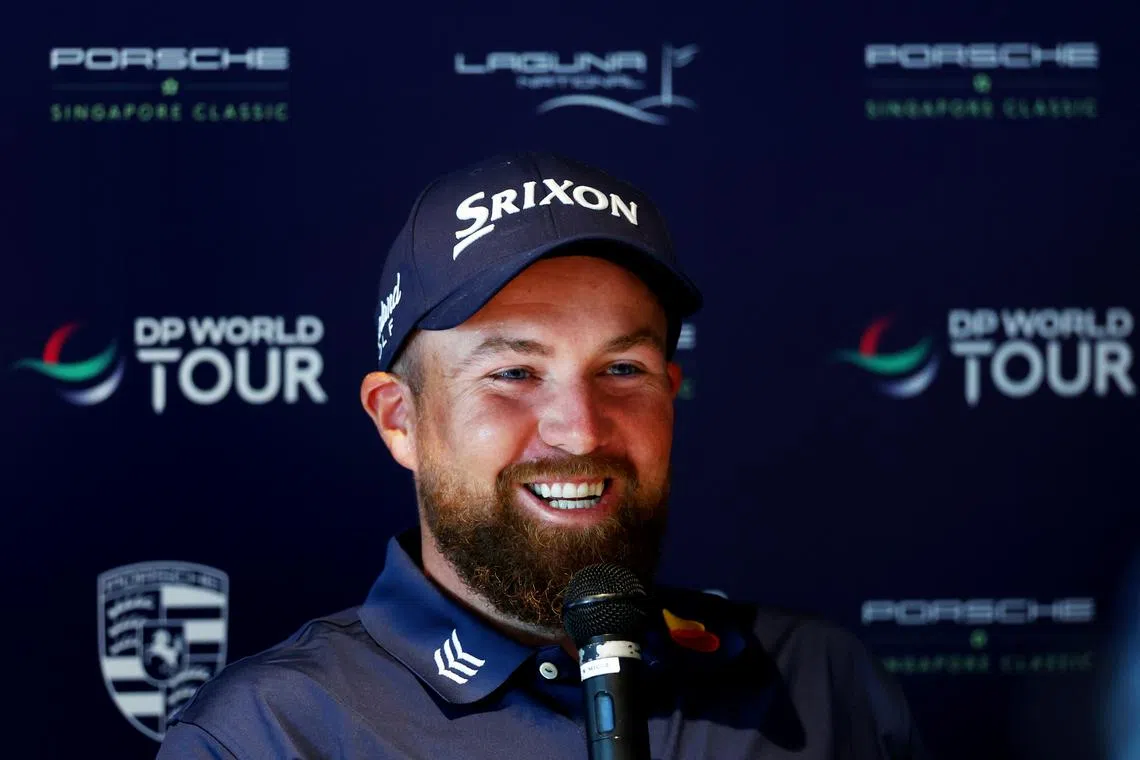 SINGAPORE, SINGAPORE - MARCH 20: Shane Lowry of Ireland fields questions from the media during a press conference prior to the Porsche Singapore Classic at Laguna National Golf Resort Club on March 20, 2024 in Singapore. (Photo by Yong Teck Lim/Getty Images)