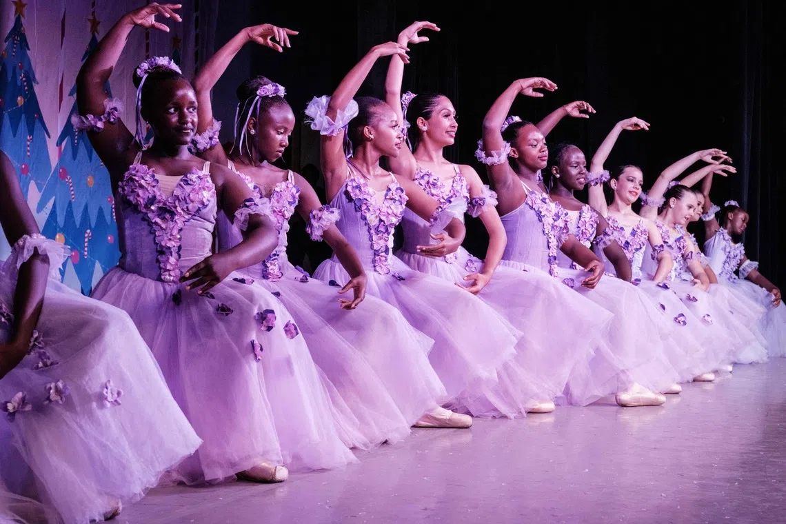 Members of Dance Centre Kenya (DCK) performing in their 10th-anniversary annual ballet production, The Nutcracker, with the DCK Orchestra at the Kenya National Theatre in Nairobi, Kenya on Dec 6, 2025. 