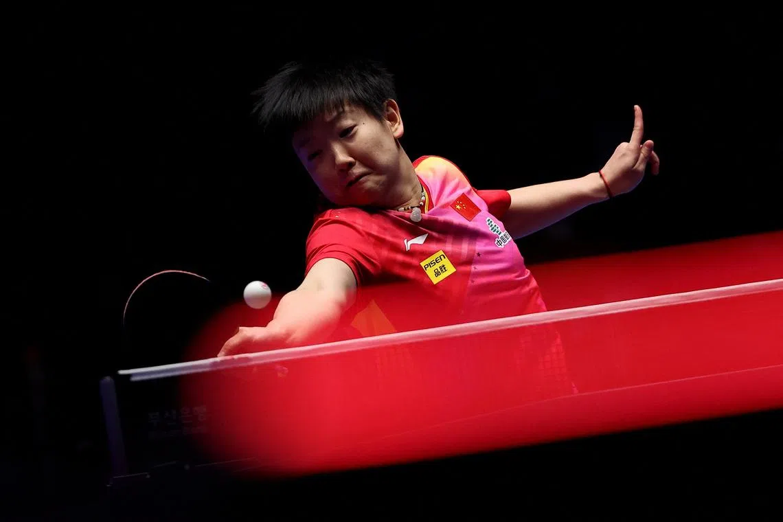 China's Sun Yingsha in action during her women's singles semi final match against France's Prithika Pavade in the ITTF World Team Table Tennis Championships Finals in Busan on Feb 23.