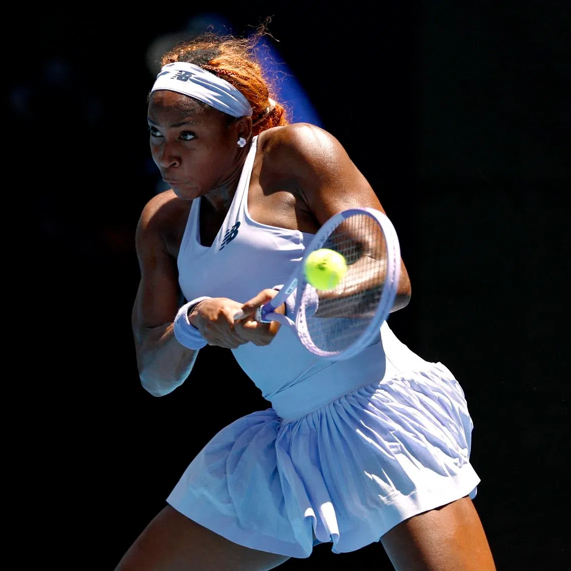 Coco Gauff of the United States in action during her first round match against Uzbekistan's Kamilla Rakhimova.