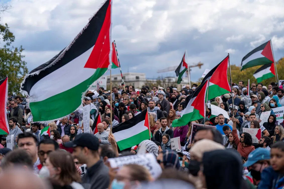 People raise flags and posters during a rally held by American Muslims for Palestine calling for a ceasefire in Gaza.