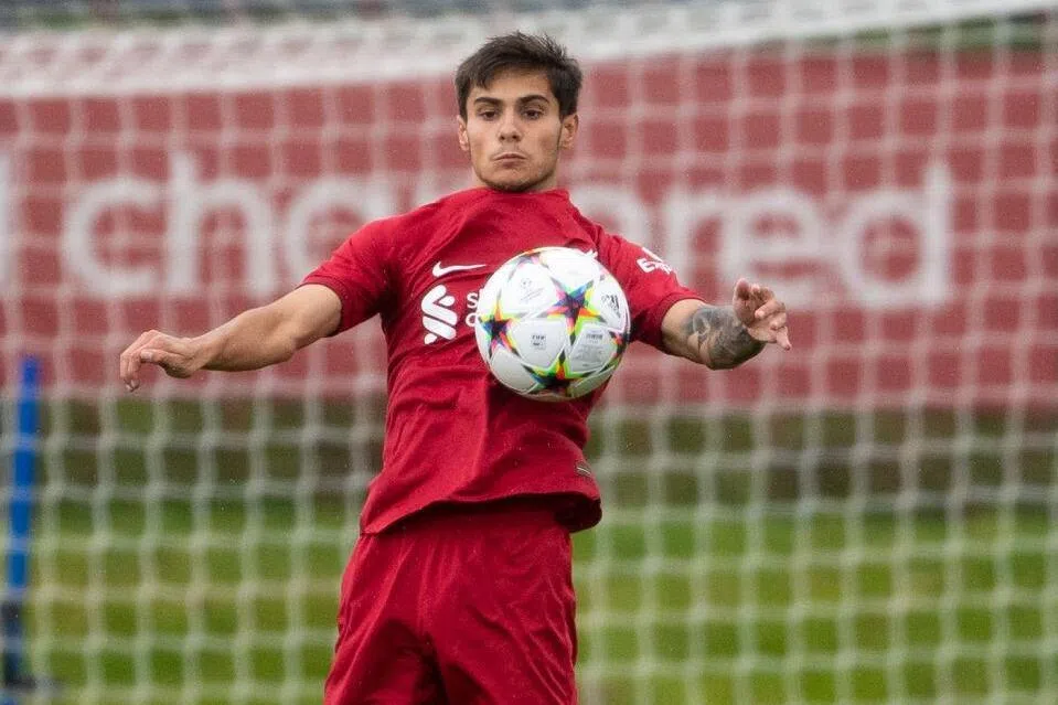 LIVERPOOL, ENGLAND - OCTOBER 04: Oakley Cannonier in action for Liverpool during a UEFA Youth League match between Rangers and Liverpool at Liverpool FC's Academy Training Ground, on October 04, 2022, in Liverpool, England. (Photo by Ross MacDonald/SNS Group via Getty Images)