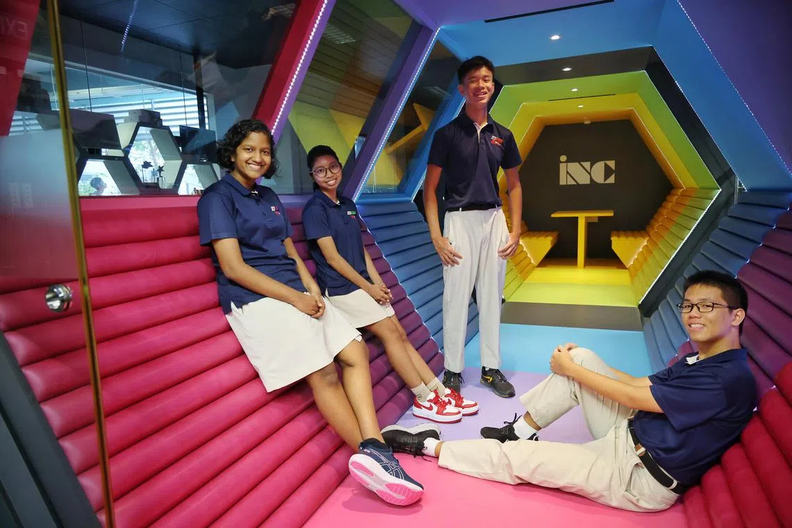 The first batch of 50 Secondary 4 students from the School of Science and Technology will skip the O levels this year and go on to Ngee Ann Polytechnic for a diploma in the STEM field.  (From left) P Sadhanah, 15, Fera Qairissa Amin, 16, Ng Kian Ping, 15, Jarell Song, 16
