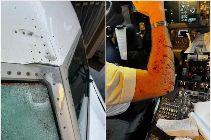 Photos circulating online show show what appear to be scorch marks on the plane from the impact, as well as the pilot’s arm bleeding and bruised, with injuries consistent with glass cuts.