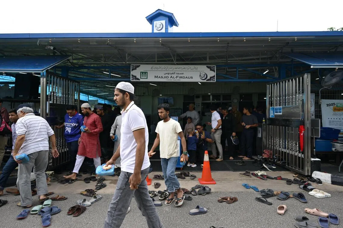 Congregants of Al-Firdaus Mosque leaving the mosque after Friday prayers on Nov 28, 2025.