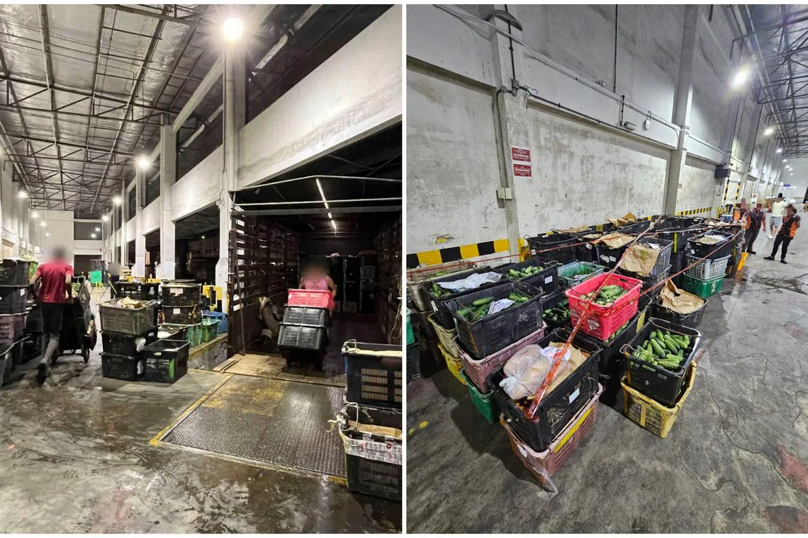 Truck drivers unloading imports for inspection (left) and Illegal food imports seized by the SFA.