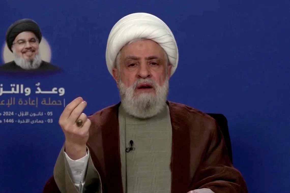 FILE PHOTO: Lebanon's Hezbollah leader Sheikh Naim Qassem delivers an address from an unknown location, in this still image from video released on December 5, 2024. Al Manar TV via REUTERS