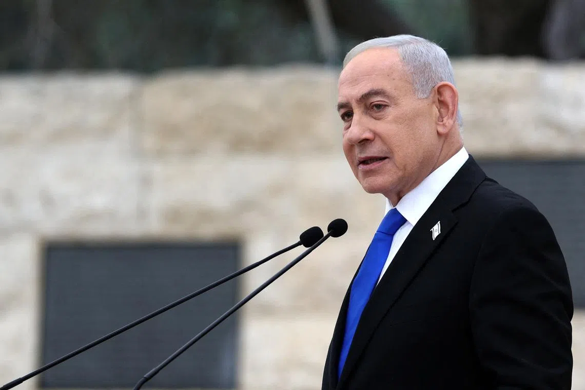 Israel’s Prime Minister Benjamin Netanyahu speaks during a ceremony commemorating Israel’s Remembrance Day for fallen soldiers, or Yom HaZikaron, at the Military Cemetery on Mount Herzl in Jerusalem April 21, 2026.