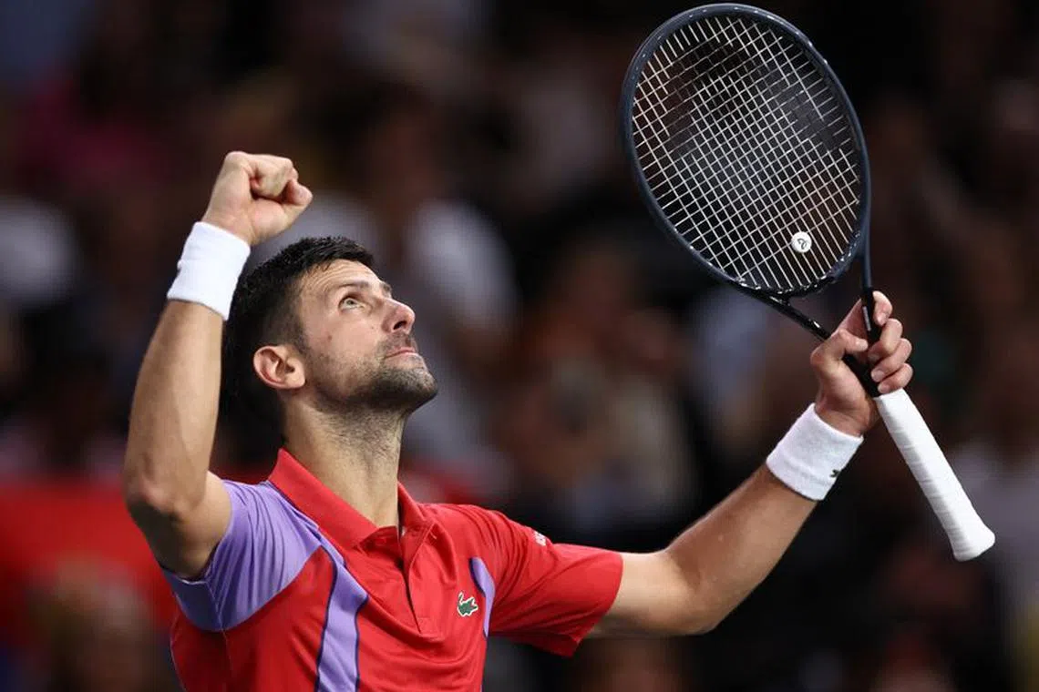 Tennis - ATP Masters 1000 - Paris Masters - AccorHotels Arena, Paris, France - November 2, 2023 Serbia's Novak Djokovic celebrates after winning his round of 16 match against Netherlands' Tallon Griekspoor REUTERS/Stephanie Lecocq