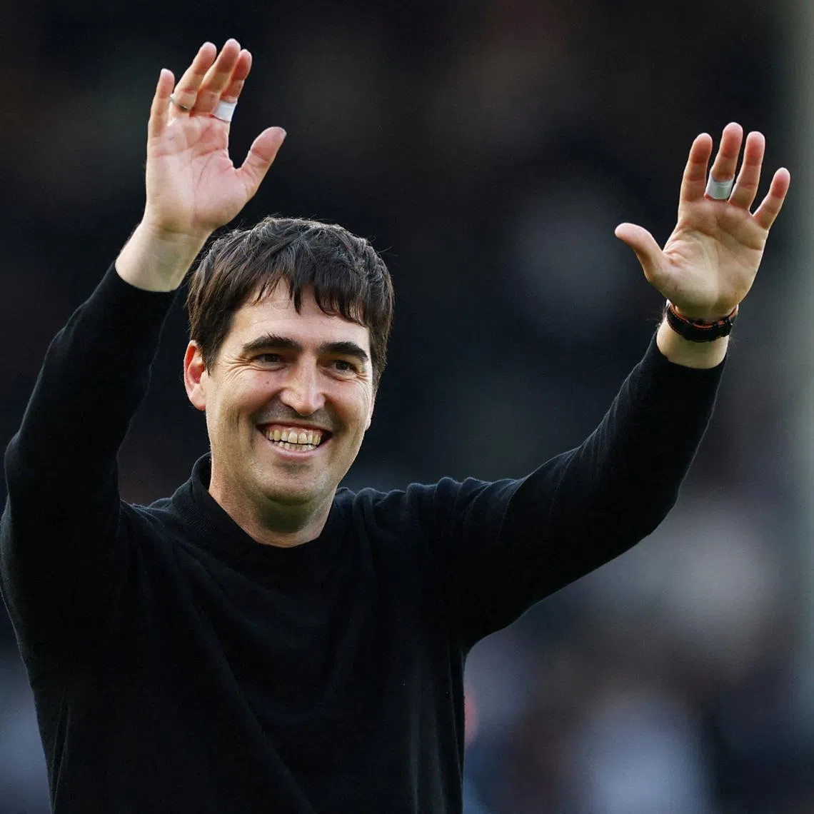 FILE PHOTO: Soccer Football - Premier League - Fulham v AFC Bournemouth - Craven Cottage, London, Britain - May 9, 2026 AFC Bournemouth manager Andoni Iraola celebrates after the match Action Images via Reuters/Matthew Childs. /File Photo
