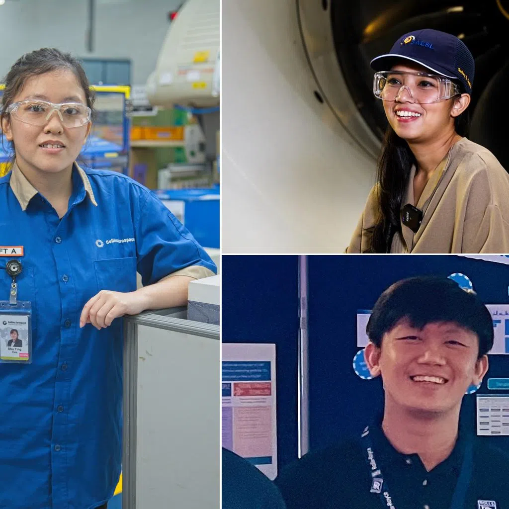 (clockwise from left) Ms Kwa Shu Ting, Ms Nurul Humairrak Abdullah and Mr Teoh Jeng Wei have built successful careers in Singapore's thriving aerospace sector. 