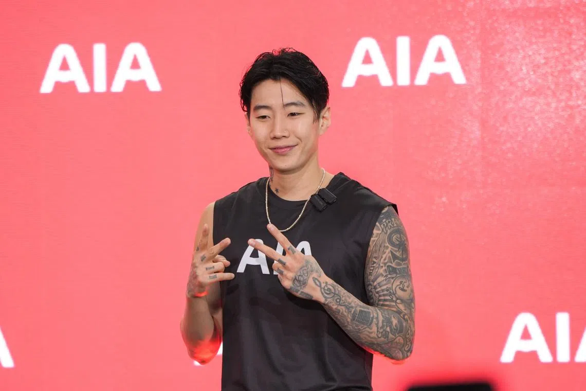 K-pop star Jay Park speaking to local media at the National Stadium on April 5, ahead of his participation in the AIA Hyrox Singapore 2026 challenge.