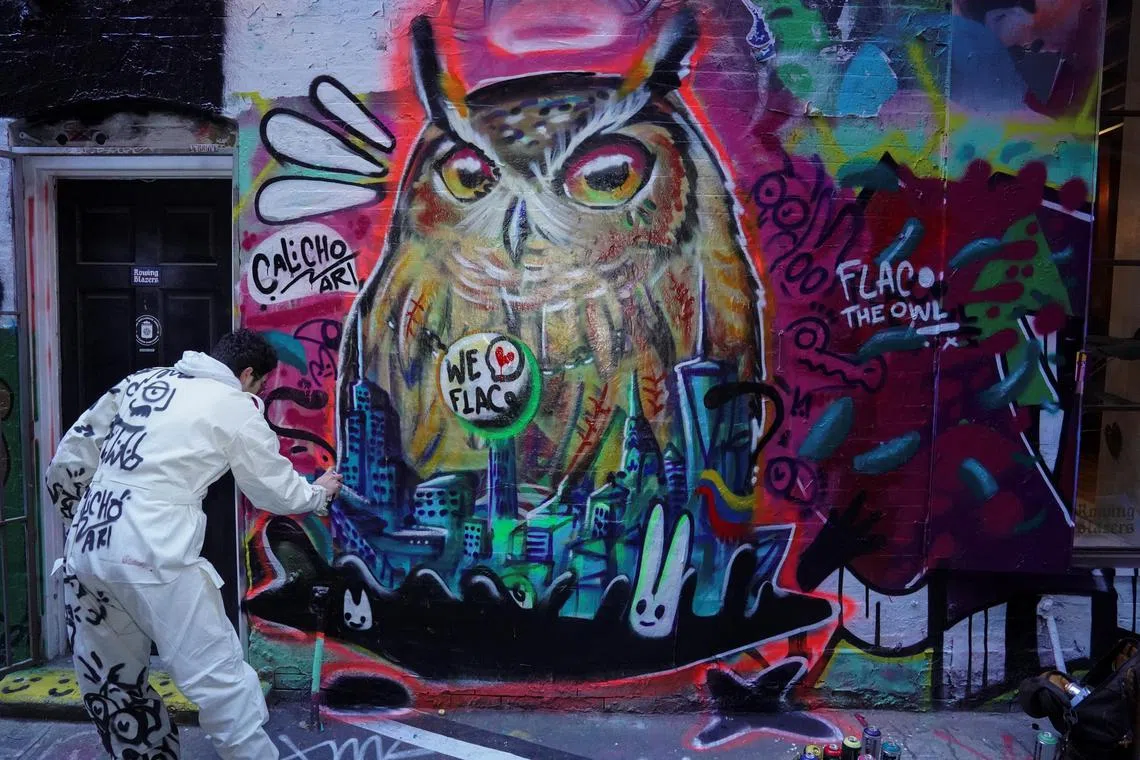 Calicho Arevalo, a 34-year-old artist from Bogota, Colombia, touching up his spray-painted mural of Flaco, a Eurasian Eagle-Owl who died just over a year after escaping from a vandalized Central Park Zoo enclosure on Feb 25, 2024