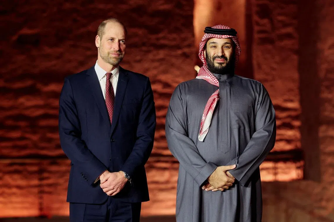 Britain's Prince William (left) with Crown Prince of Saudi Arabia, Mohammed bin Salman Al Saud, at UNESCO World Heritage site At-Turaif, on Feb 9.