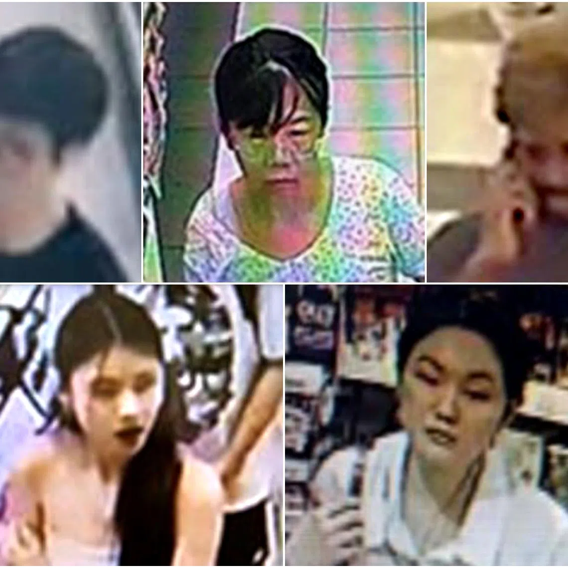 Suspected shoplifters caught on closed-circuit television cameras at Watsons, NTUC FairPrice, Sheng Siong, and Cold Storage from March 2023 to April 2024. 