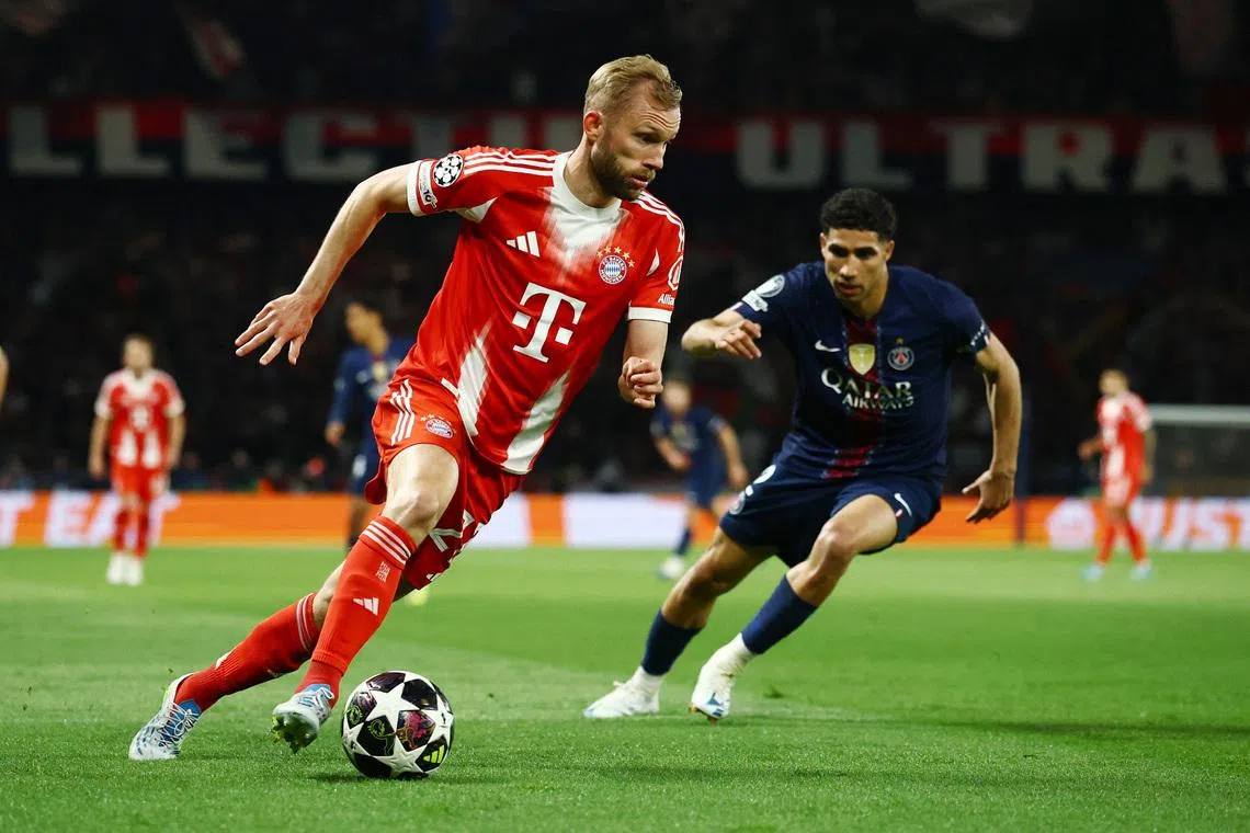 Soccer Football - UEFA Champions League - Semi Final - First Leg - Paris St Germain v Bayern Munich - Parc des Princes, Paris, France - April 28, 2026 Bayern Munich's Konrad Laimer in action with Paris St Germain's Achraf Hakimi REUTERS/Sarah Meyssonnier