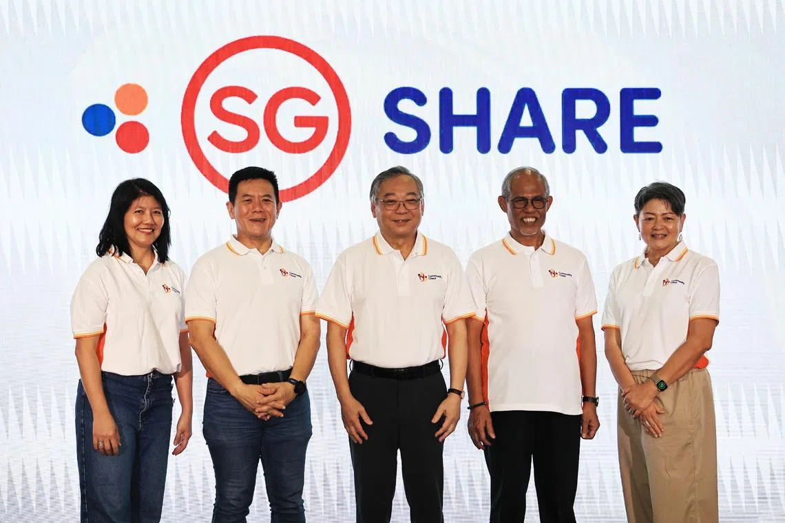 (From left) National Council of Social Service (NCSS) chief executive Tan Li San, Community Chest chairman Chew Sutat, DPM Gan Kim Yong, Minister for Social and Family Development Masagos Zulkifli and NCSS president Anita Fam launching SGShare.