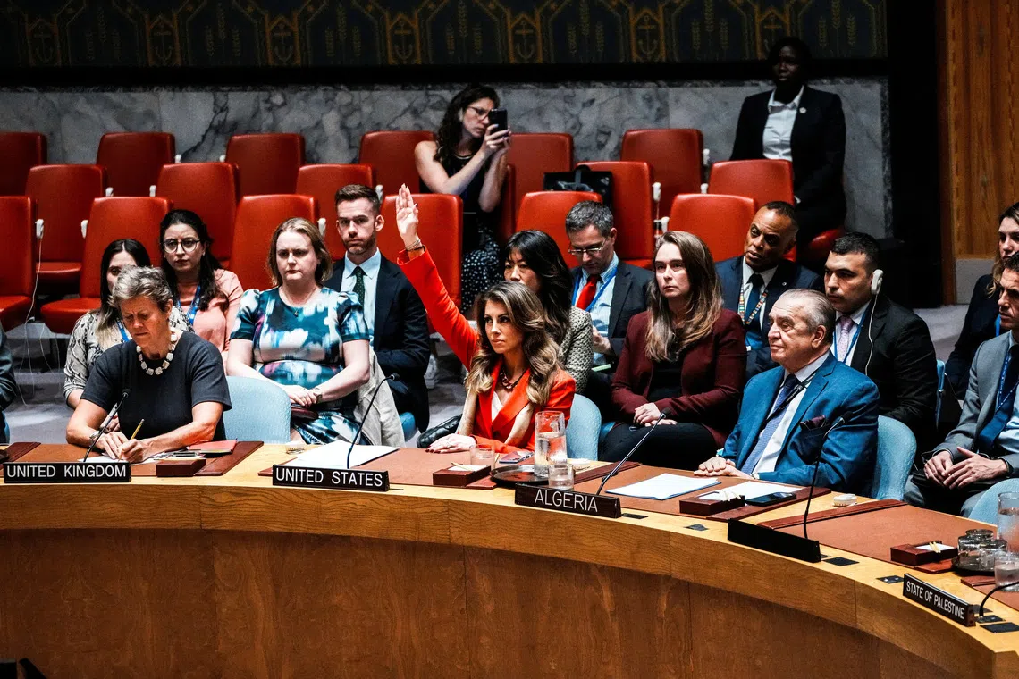 Deputy United States Special Envoy to the Middle East Morgan Ortagus casts a veto as members of the U.N. Security Council vote on a draft resolution demanding a ceasefire in Gaza, at U.N. headquarters in New York City, U.S., September 18, 2025. REUTERS/Eduardo Munoz
