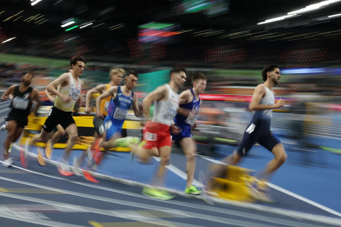 Athletics - World Indoor Championships - Kujawsko-Pomorska Arena, Torun, Poland - March 20, 2026 General view of the action during heat 1 of the Men's 1500m REUTERS/Kacper Pempel