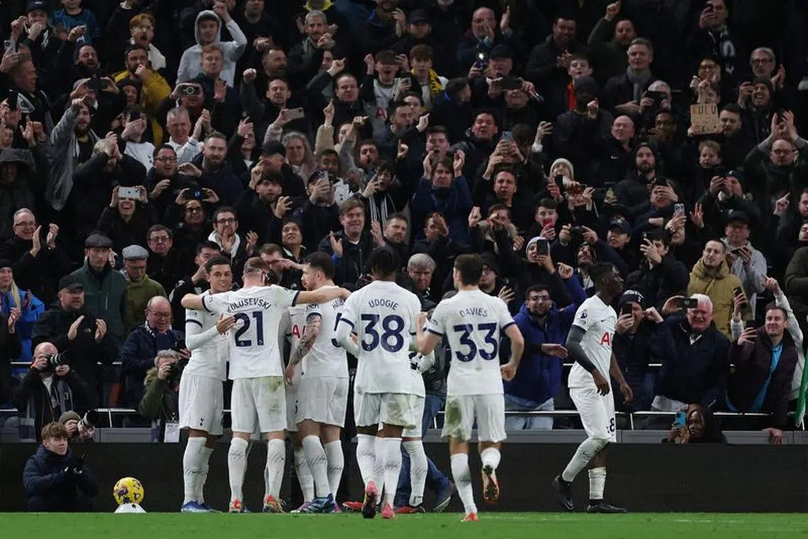 Soccer Football - Premier League - Tottenham Hotspur v Newcastle United - Tottenham Hotspur Stadium, London, Britain - December 10, 2023 Tottenham Hotspur's Son Heung-min celebrates scoring their fourth goal with teammates Action Images via Reuters/Paul Childs/File Photo